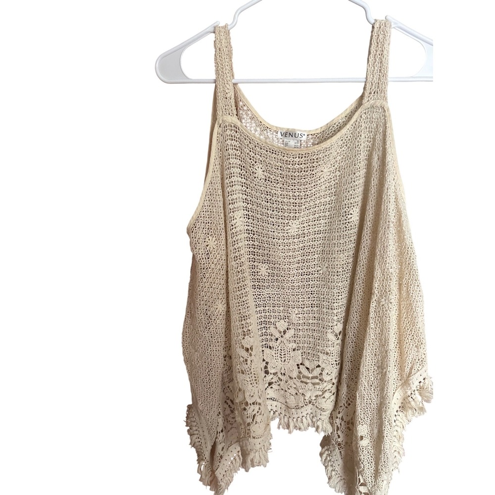Venus Crochet Knit Tank Top Cream Ivory Boho Lace Fringe Sleeveless XL